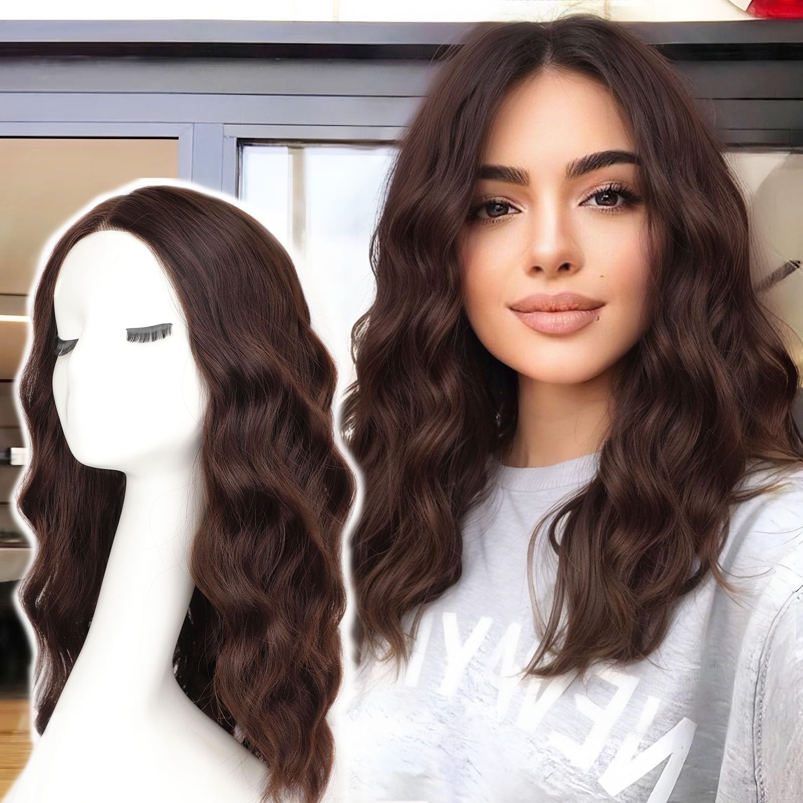 Photo 1 of AISI HAIR Brown Wig for Women Medium Length Wave Curly Glueless Synthetic Heat Resistant Hair Wigs for Daily Party Cosplay