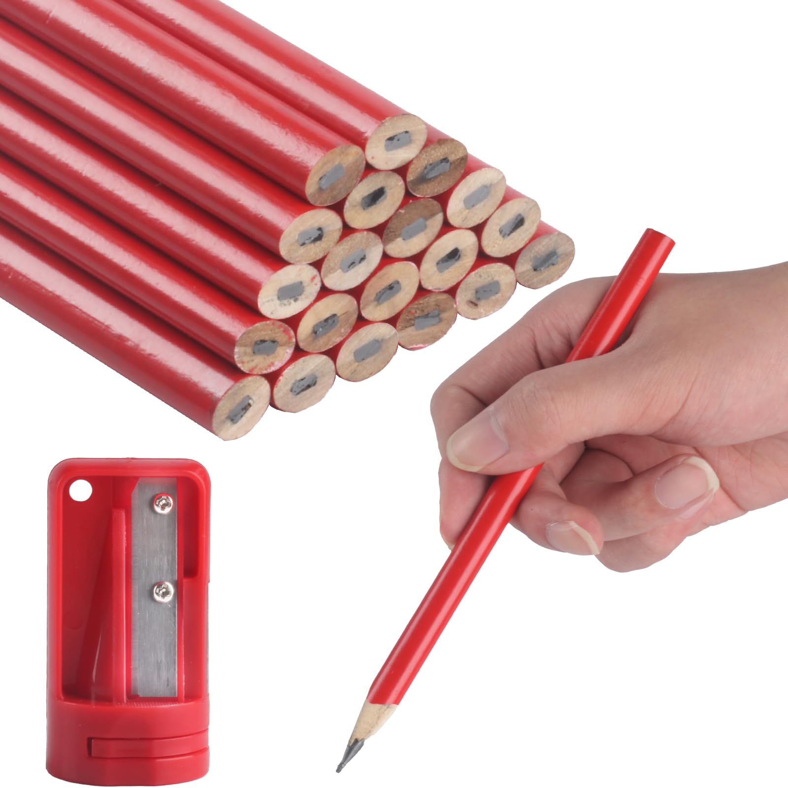 20pcs Carpenters Red Flat Joiners Pencils - Builders Heavy Duty Woodworking Marking Tool, Construction Pencils with Sharpener
