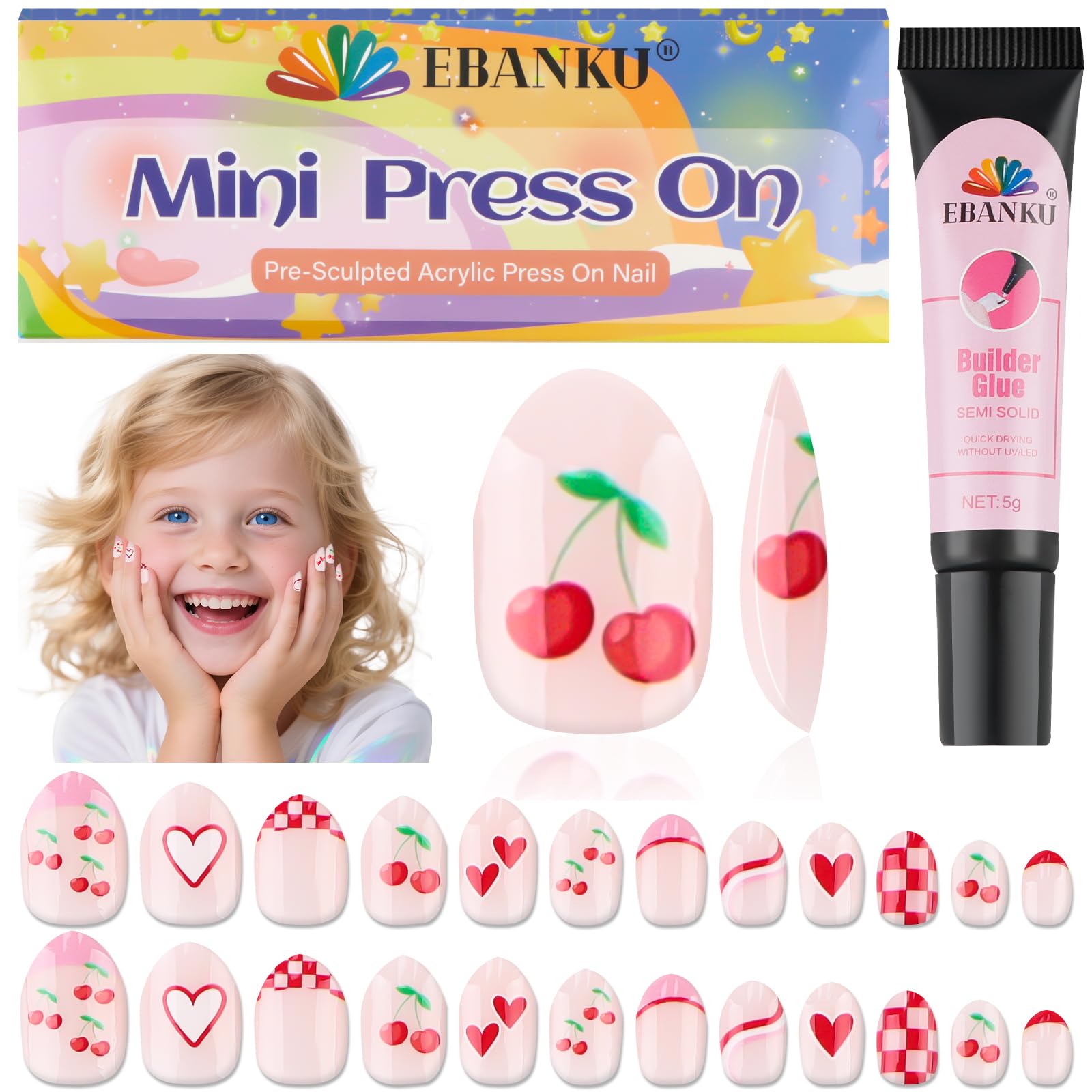 Photo 1 of EBANKU 1 Pack Kid Fake Nail Kit, 24 Pieces Press on Nails for Kids Cherries Press on Nail Short False Nail Kits for Kids Girls