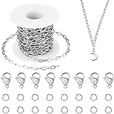 Pandahall 16.4 Feet Stainless Steel Paperclip Chain 7x4x1mm Textured Flat Oval Cable Metal Jewelry Bulk With Jump Rings Lobster Clasps for DIY Jewelry Making Necklace