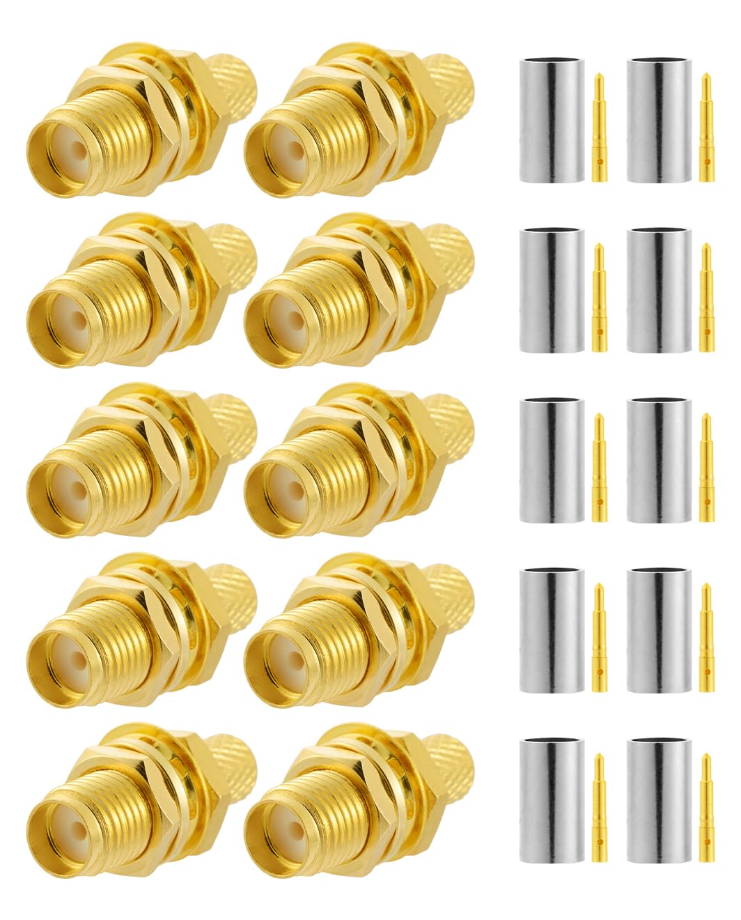 Vecys 10 PCS RP SMA Connectors RP SMA Female Bulkhead with Male Pin Crimp Connector for RG58 RG142 RG400 VLMR195 RF Coax Cable