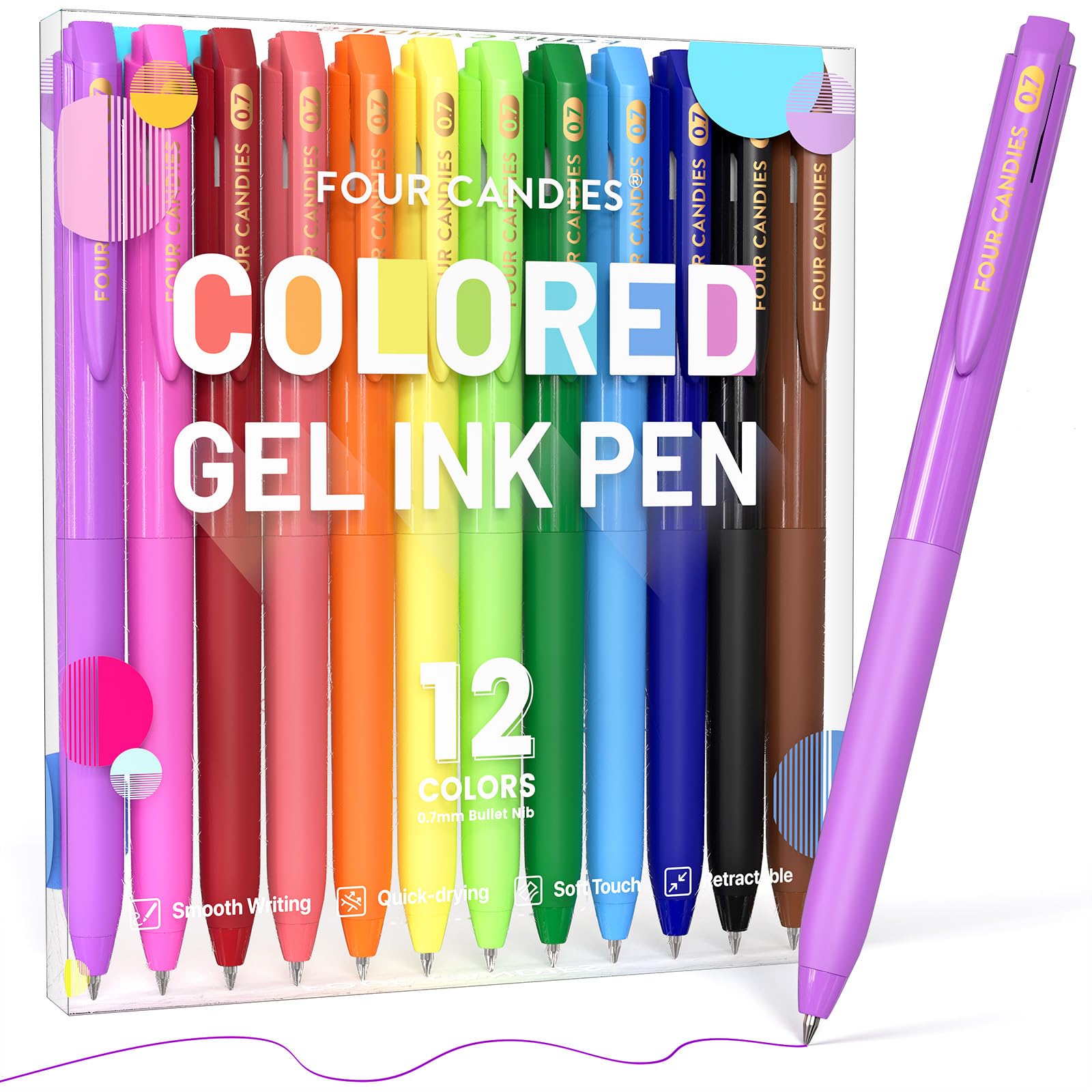 Photo 1 of Four Candies Quick Dry Ink Colored Pens Set, 12 Colors Retractable Gel Pens, 0.7mm Fine Point Colorful Pen for Note Taking & Drawing, Colored Gel Pen with Comfort Grip for Office, School & Home