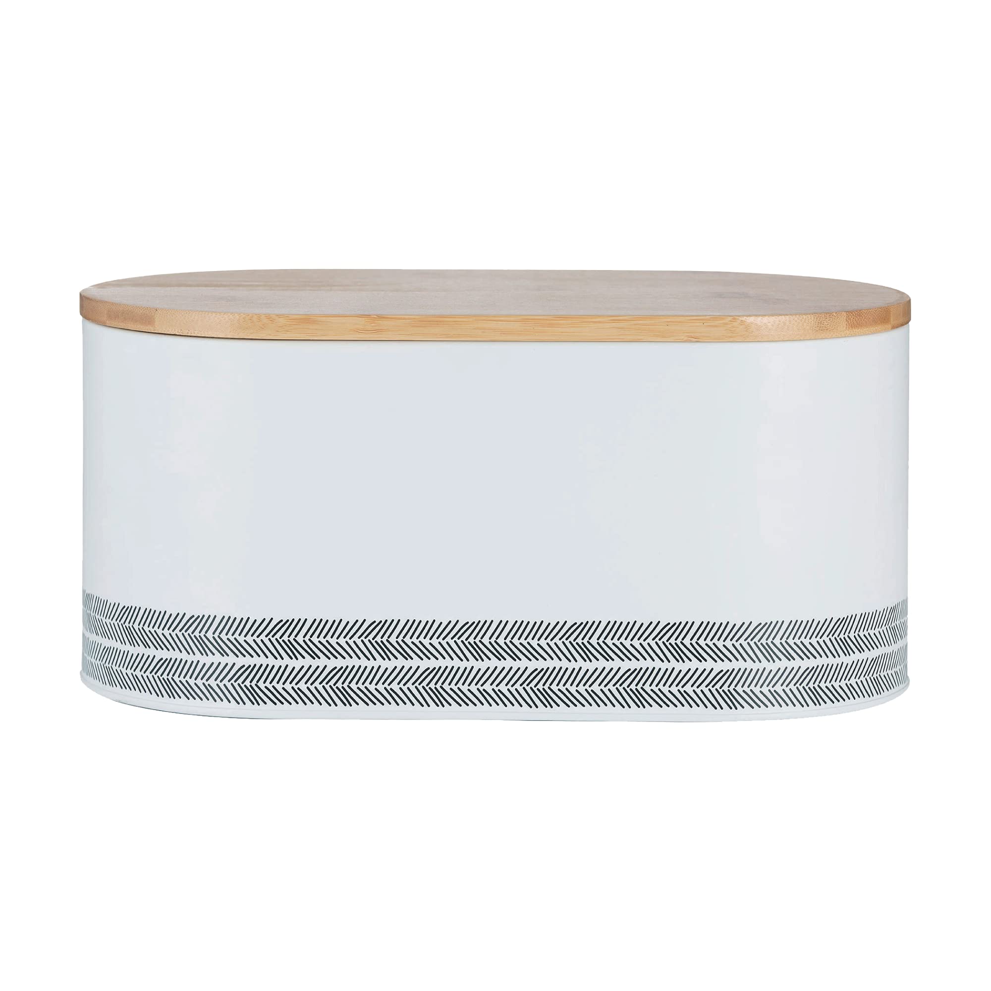 Typhoon Monochrome Bread Bin | Hardwearing Carbon Steel with Bamboo Lid | Keeps Bread Fresher For Longer | White and Black, 340mm x 180mm x 150mm
