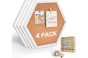 AkTop Cork Bulletin Board Hexagon 4 Pack, Small Framed Corkboard Tiles for Wall, Thick Decorative Display Boards for Home Office Decor, School Message Board with 16 Push Pin Wood Clips, White