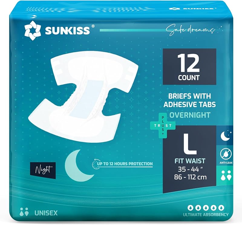 SUNKISS Adult Nappies Overnight Heavy Absorbency Large 12 Count