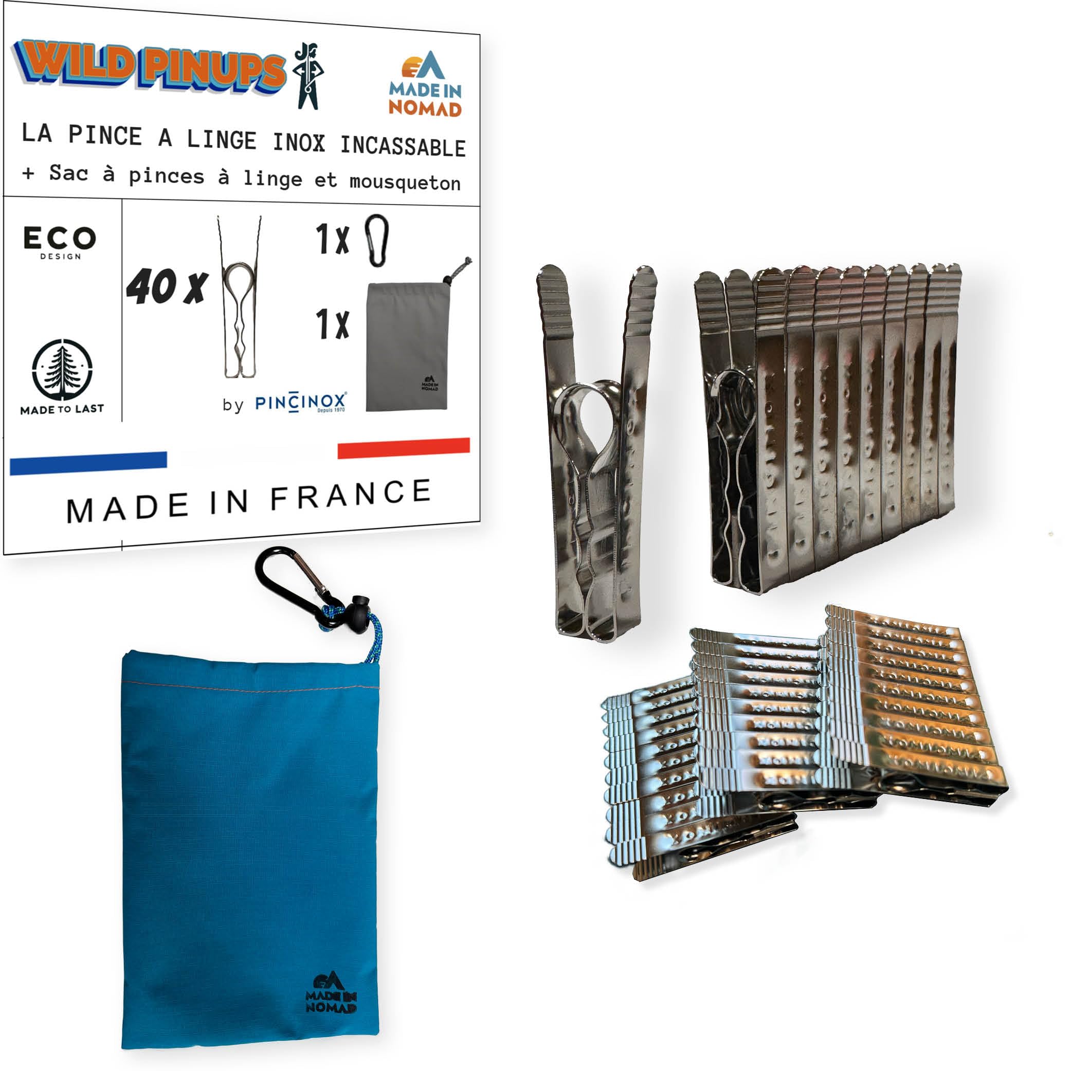 MADE IN NOMAD Pincinox 40 Stainless Steel Clothespins with Basket Laundry Peg and Carabiner - Strong and Durable - Made in France