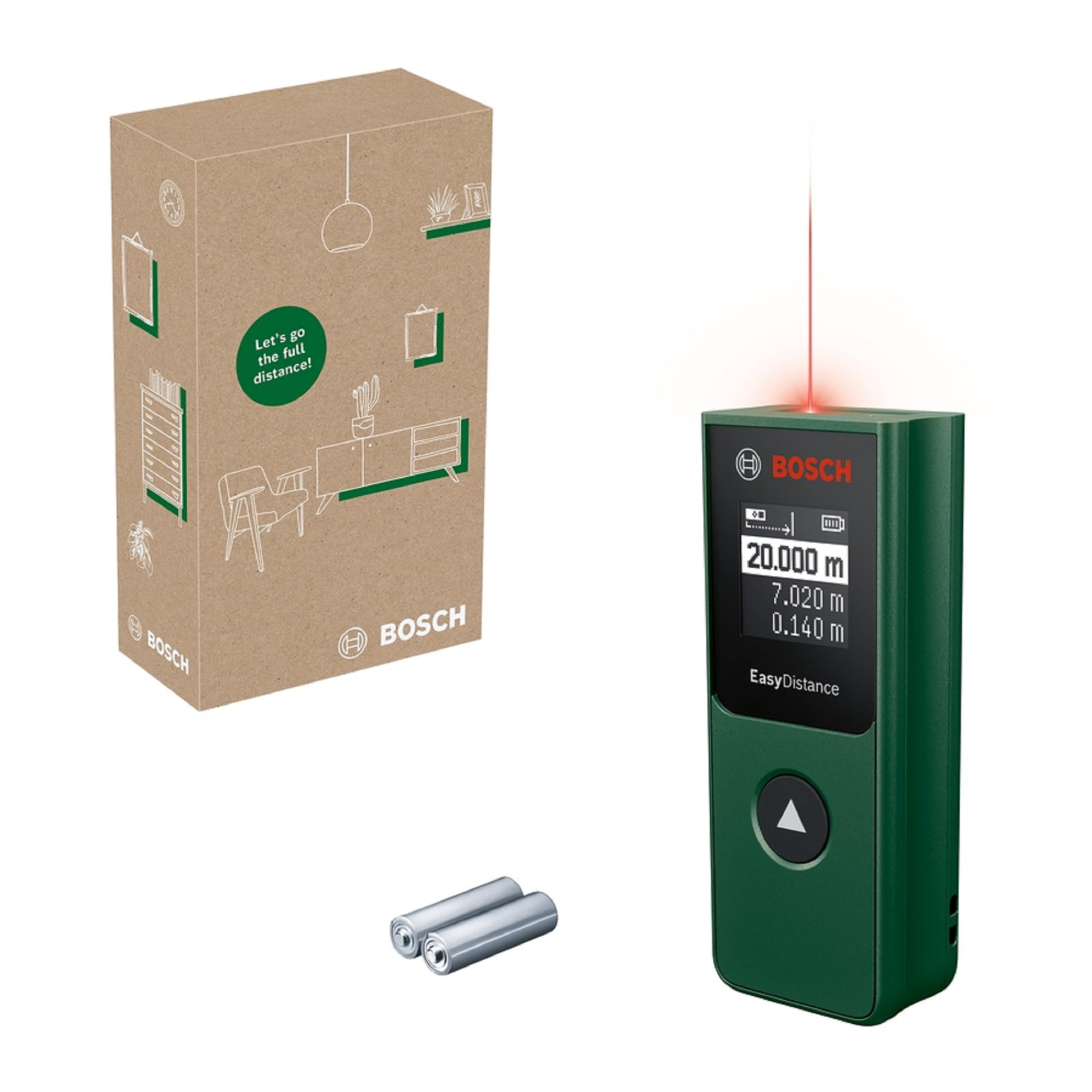 Bosch Laser-Entfernungsmesser EasyDistance 20 (einfache und präzise Messung bis 20 m, Hosentaschenformat, EIN-Tasten-Steuerung, in E-Commerce-Karton)
