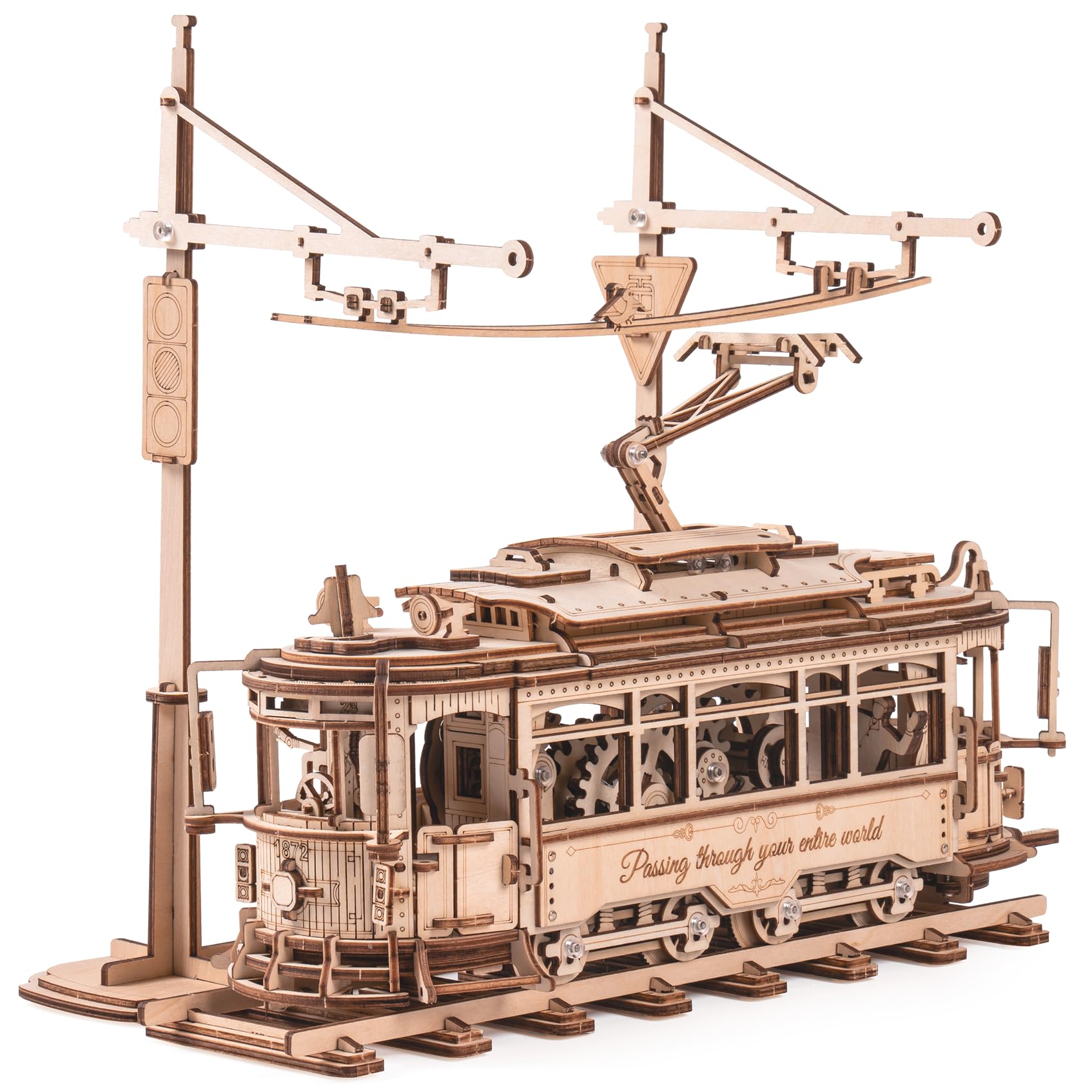 ROBOTIME 3D Wooden Puzzle Gear Drive Tram, Mechanical Model Building Kit for Adults to Build, DIY Craft Toy Gifts for Teens, Adults