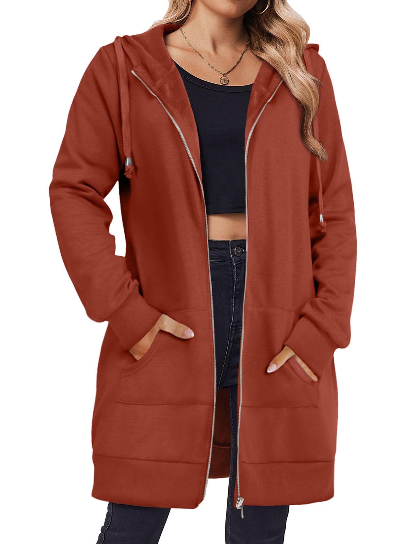 Photo 1 of Zeagoo Hoodie Dresses For Women 2025 Long Sleeve Tunic Hooded Sweatshirts Casual Oversized Zip Up Hoodies Trendy Fall Outfits,Caramel,XXL
