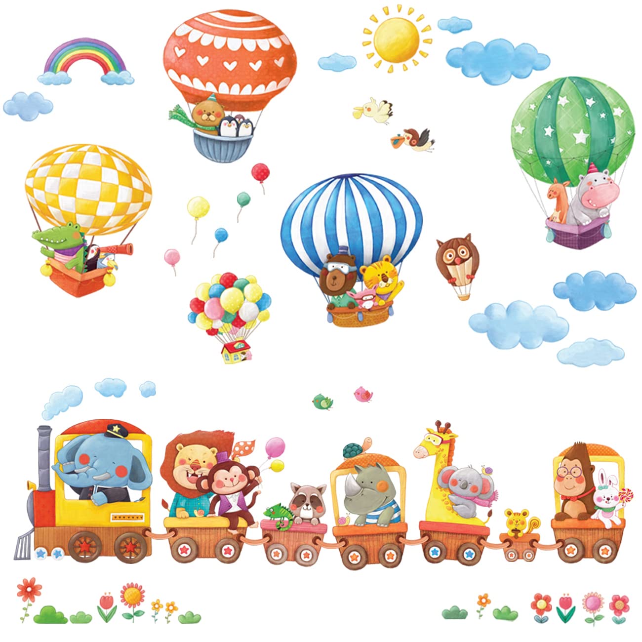 DECOWALL DA-1406 Animal Train and Hot Air Balloons Kids Wall Stickers Monkey Giraffe Flower Zoo Wall Decals Removable Nursery Bedroom Children's Play Room