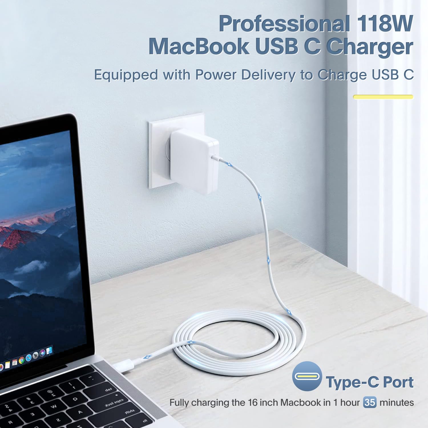 Mac Book Pro Charger - 118W USB C Fast Charger Power Adapter Compatible with MacBook Pro & MacBook Air 13, 14, 15, 16 inch, M1 M2 M3 M4, New ipad Pro and All USB C Device, 6.6ft Charge Cable