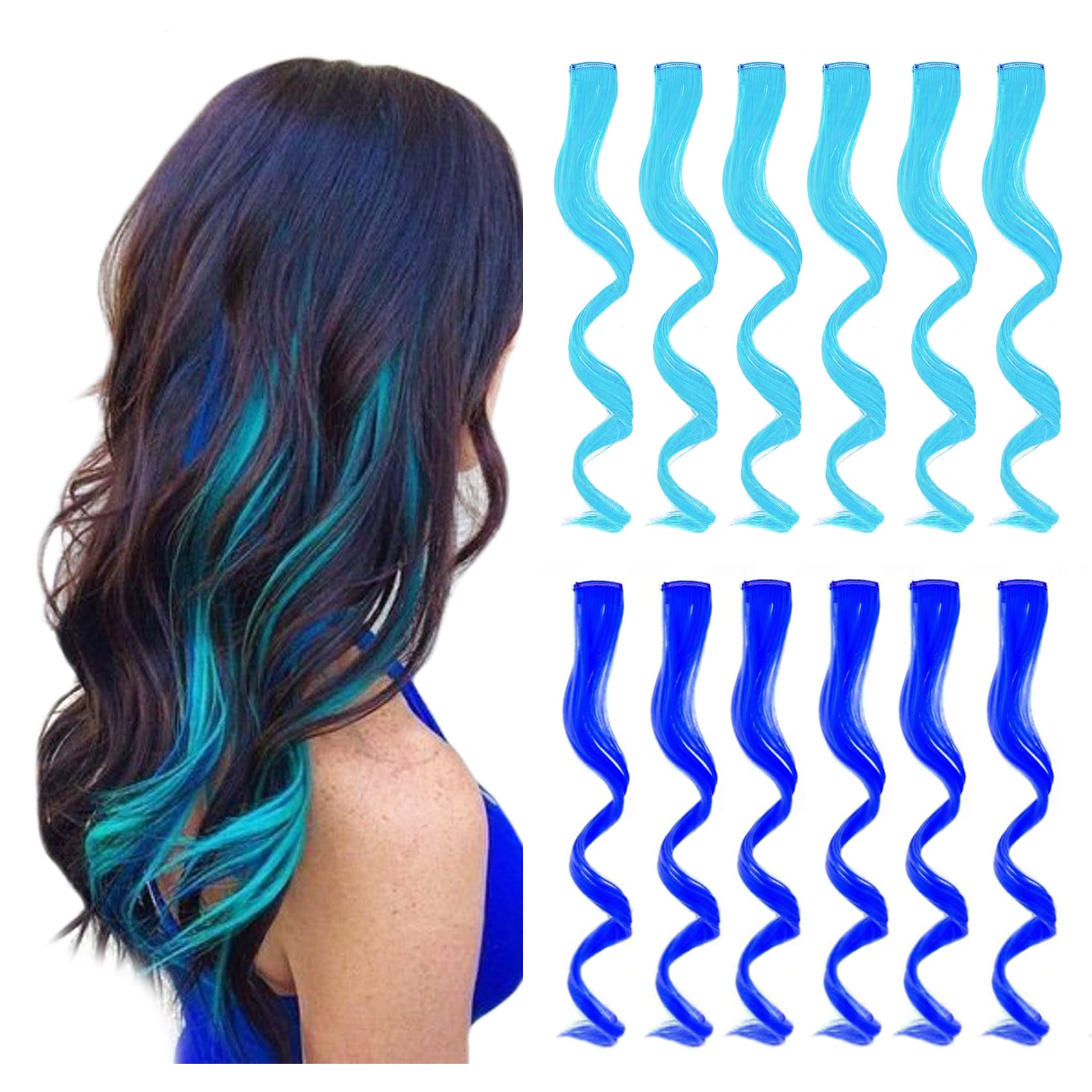 Photo 1 of REDMENCO Colored Clip in Hair Extensions 12 Pieces for Women Kids Girls, 16 Inch Wavy Curly, Blue and Teal Blue Colorful