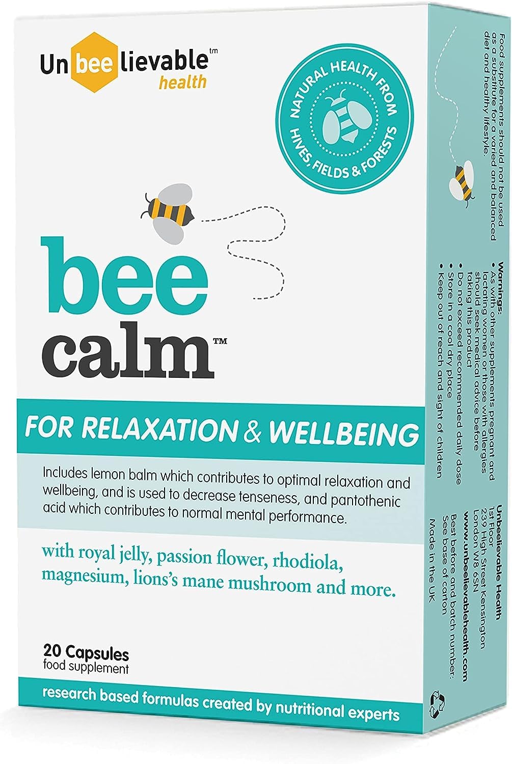 Unbeelievable Health Bee Calm Relaxation and Wellbeing Support - Created by Nutritional Experts – Help Increase Resistance to Stress – Plant Based & Gluten Free (Single Pack)