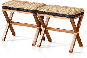 Cpintltr Patio Ottoman Set 2 Hand-woven Seagrass Footrest Stool Rectangular Outdoor Footstool with X-shape Legs Mutifunctional Boho Seat Pouf Ottomans for Living Room Garden Lawn Black