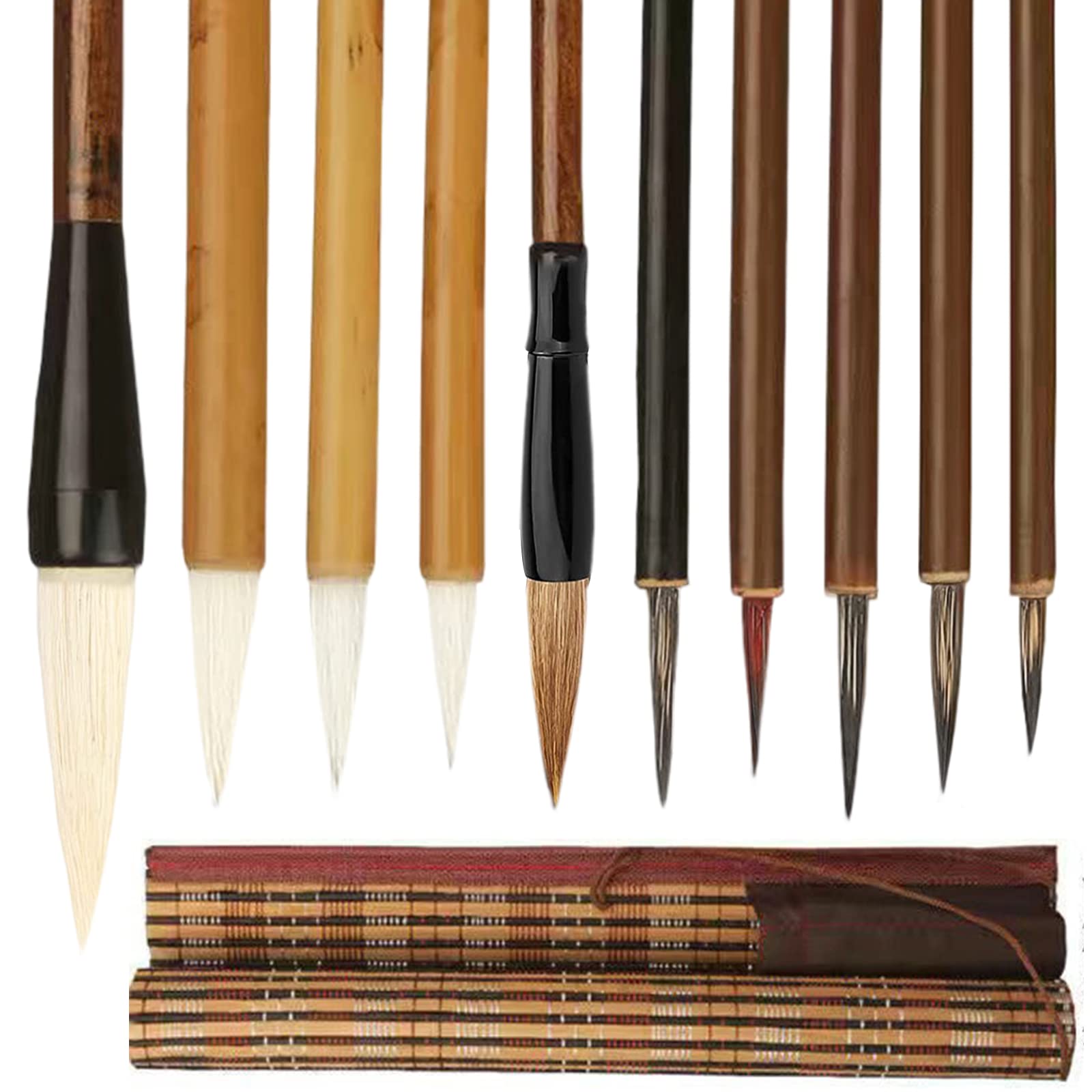 Midyrrg 10 Pcs Chinese Calligraphy Kanji Brush Set Mixed Wolf Hair Traditional Calligraphy Pens Art Painting Chinese/Japanese Sumi Writing Brush for Watercolor Drawing for Beginners(Roll Bag)