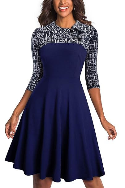 HOMEYEE Damen Vintage Revers Colorblock Houndstooth Patchwork Swing Business Kleid A121