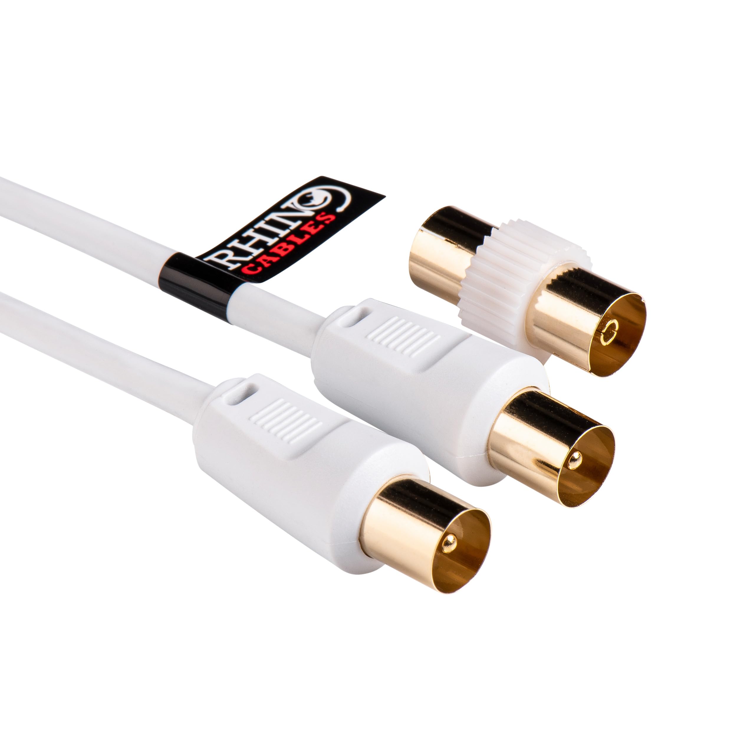 rhinocables Coaxial TV Aerial Cable with Gold-Plated Connectors | Male to Male RF Coax Lead with Female Adapter | Universally Compatible Fly Lead for HD/Standard TVs & Satellite Receivers (50cm,White)