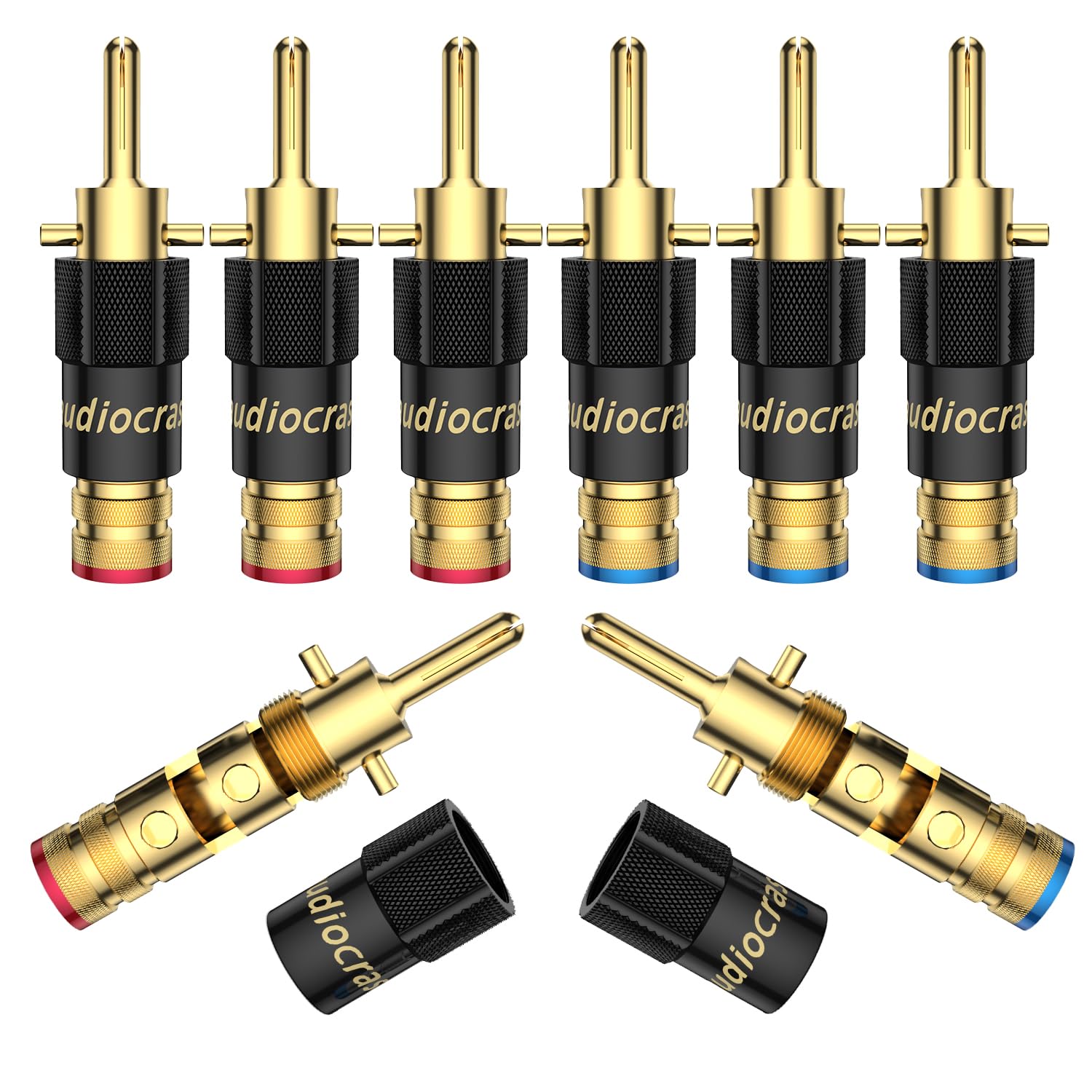 Audiocrast Spreizbar Bananenstecker Self Locking Banana Plugs For Speaker Cable Up To 8.5mm (8, Gold Plated)