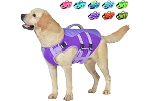 Petglad Dog Life Jacket, Reflective Dog Harness Life Vest with Rescue Handle for Swimming Boating, Adjustable High Buoyancy Flotation Swim Vest for Small Meium Large Dogs - Purple, XL