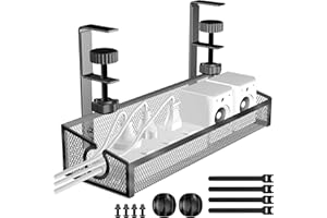 KAIFERTY Under Desk Cable Management Tray Black, No Drill Organizer With Clamp for Wire Management, PC Cord Accessories & Workspace Organizers for Office, Home