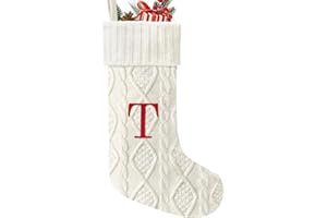 Yoochee 21 Inches Knitted Christmas Stockings with Initials, Large White Custom Monogram Embroidery Christmas Stockings with Letter, Personalized Xmas Decoration for Holiday Family Party-T