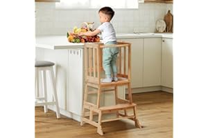 COSYLAND Toddler Kitchen Step Stool Helper - Wooden Standing Tower for Kids with Anti-Tip Support Legs (Natural)