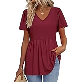 OFEEFAN Womens Summer Tops Babydoll Short Sleeve Shirts Puff Sleeve Peplum Tops V Neck T Shirts