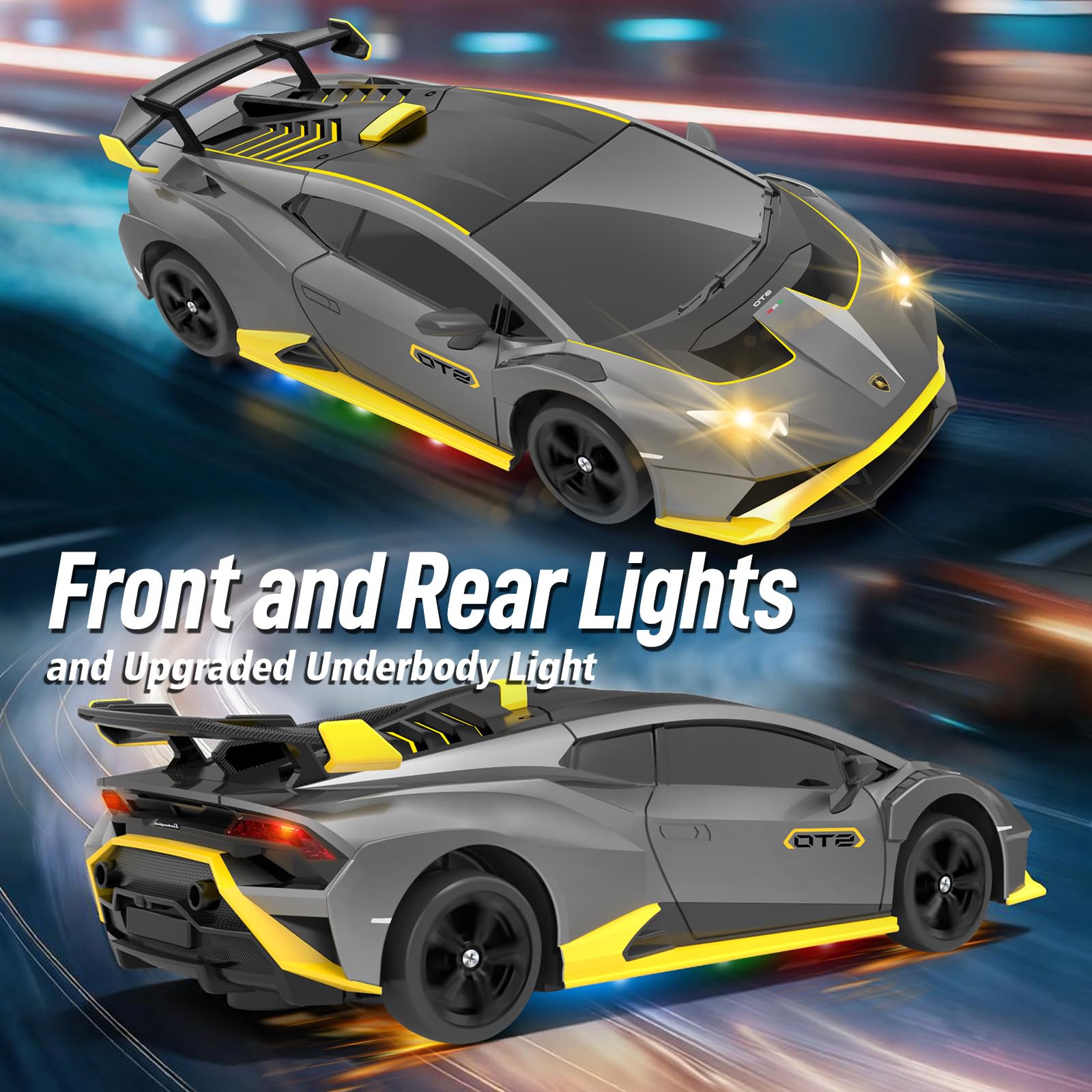 YONCHER RC Ferngesteuertes Auto Drift, Lamborghini Offiziell Lizenziert, 1:24 20KM/H 4WD RC Drift Car, RC Auto mit Leuchten, für ab 4,5,6,7,8 + Jahre Kinder und Erwachsene, Grau 4