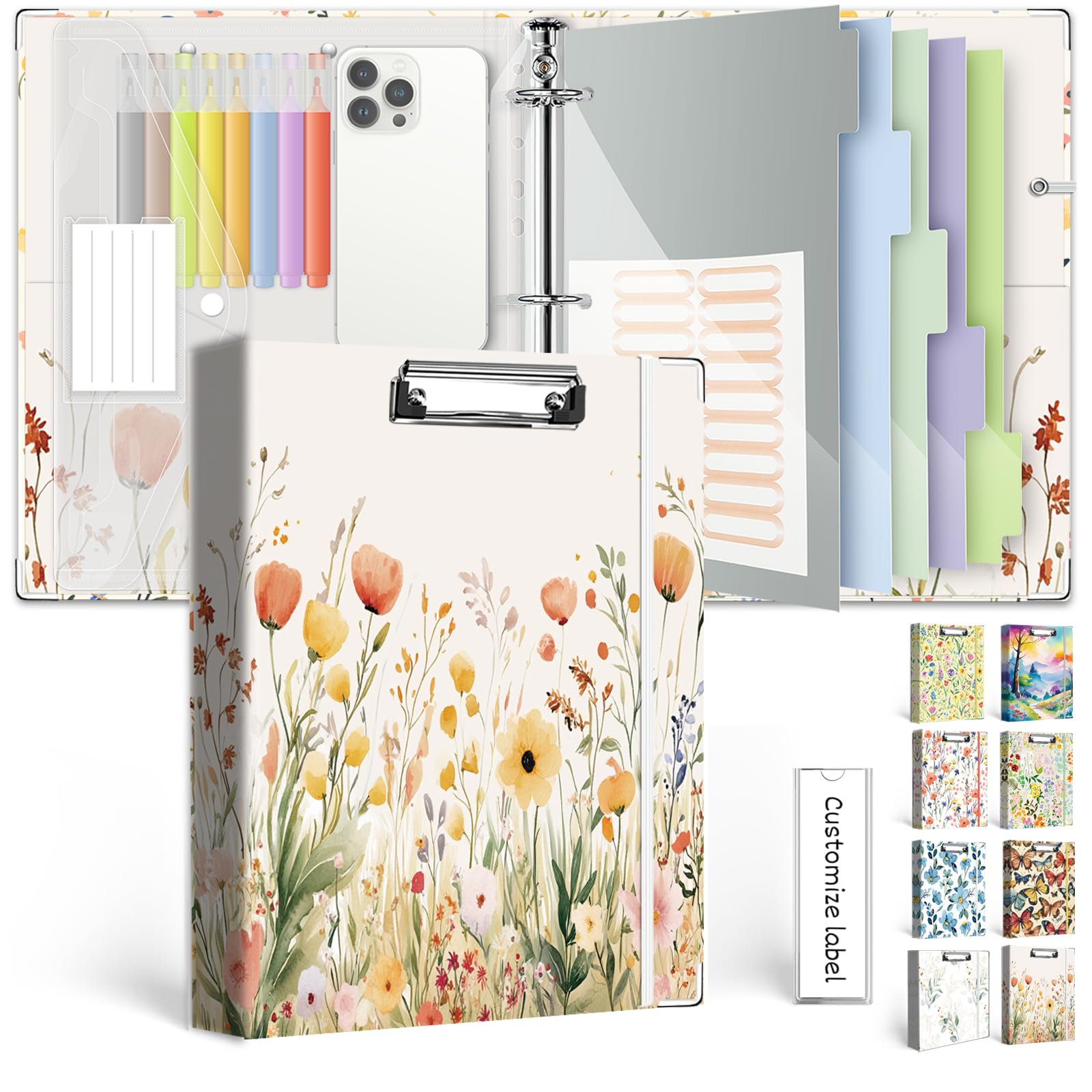 Photo 1 of 3 Ring 1 Inch Binder Organizer, KLLVE Three Ring Binders with Clipboard, 5-Tabs Pockets Dividers, Plastic Folder, 18 Divider Stikers,Pen Loop (Weeds, Letter Size)