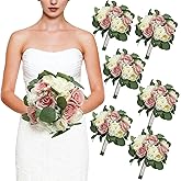 DIYDOFUN Set of 6 Bridesmaid Bouquets, 11 Inch Wedding Bouquets for Bridesmaids Artificial Flower Bouquets for Wedding Ceremony Bridal Shower Decorations - Dusty Pink & White