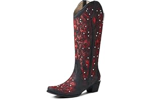 Tscoyuki Women's Rhinestones Western Knee High Boots, Embroidery Pointed Toe Chunky Block Heel Cowboy Cowgirl Mid Calf Boots with Pull On Taps