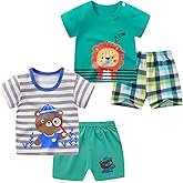 NautySaurs Toddler Boys 4 Pieces T-shirts and Shorts Summer Outfit Striped Shirt Short Set