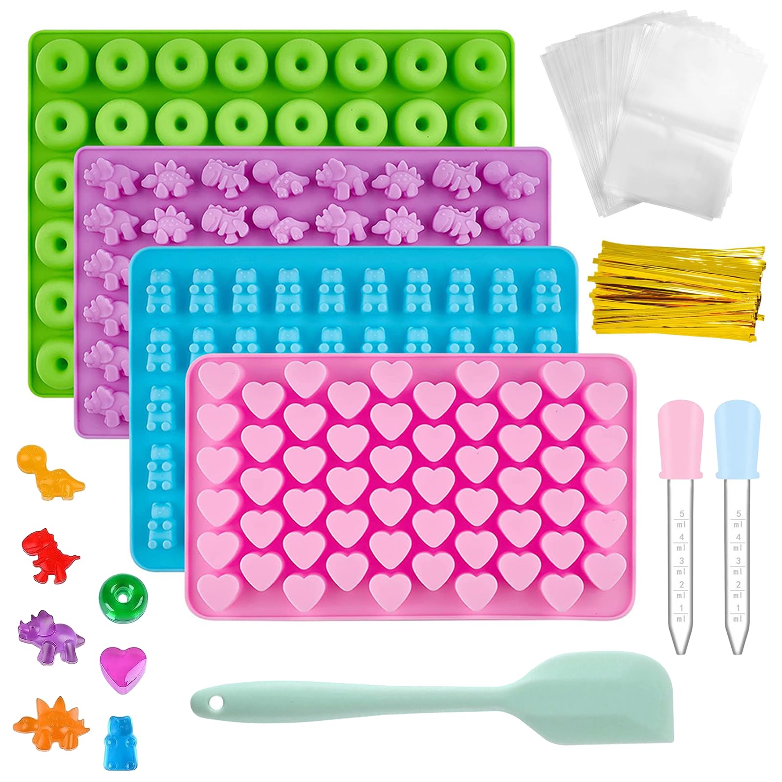 MIPIACE 4 Pcs Gummy Bear Mould Silicone Gummy Candy Mold with 2 Droppers Sweet Mould Small Silicone Moulds Jelly Moulds for DIY Candy Chocolate Cookie Wax Melt