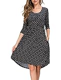 Womens Midi Dress 3/4 Sleeve Polka Dot O Neck Casual Tunic Pleated Loose Vintage Retro Swing Dresses with Pockets