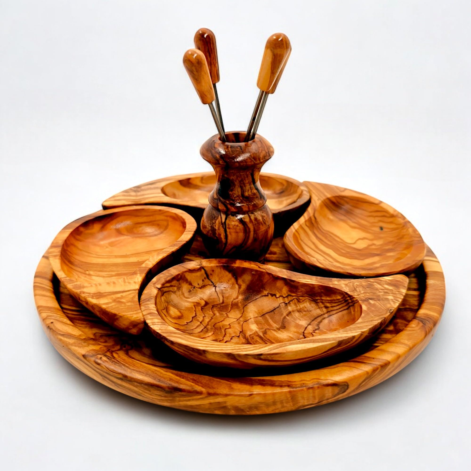 Handcrafted Olive Wood Appetizer Tray with 4 Compartments and Fork Set | Elegant Serving Platter for Snacks, Cheese, and Dips | Eco-Friendly and Durable - Natural Finish | 12" Round