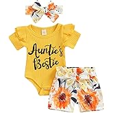 Afunbaby Newborn Baby Girl Auntie Outfits Auntie's Bestie Short Sleeve Ribbed Romper Floral Shorts Clothes with Headband
