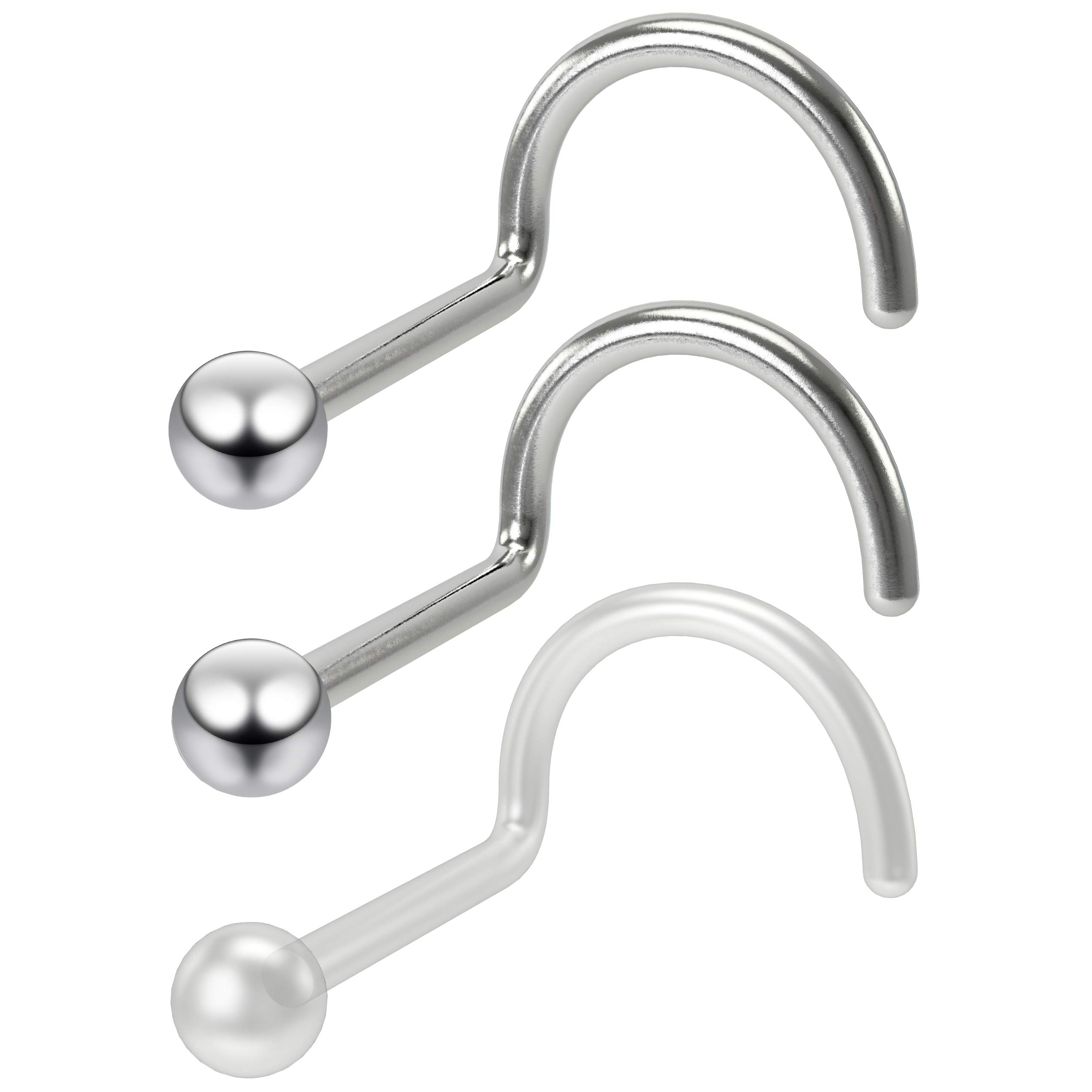 Bling Piercing 2pc 20g 0.8mm 2mm Nose Bar Screw Surgical Stainless Steel Twist Corkscrew Nostril Stud Ring - Clear Retainer Keeper