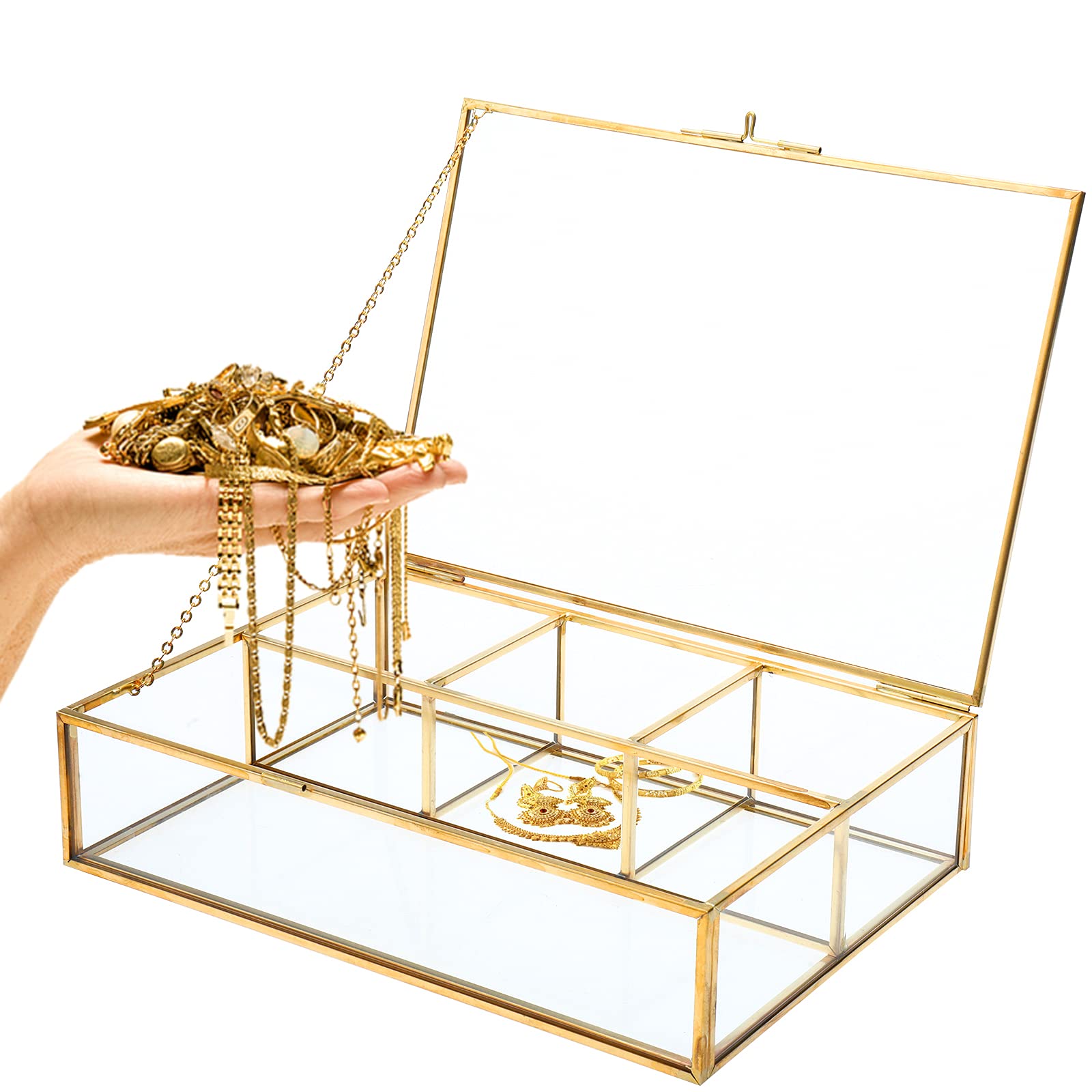Homtone Glass Jewelry Box with 4 Compartments, Golden Clear Display Box Jewelry Organizer and Counter Top Collection Display Case, Decorative Clear Glass & Brass Box