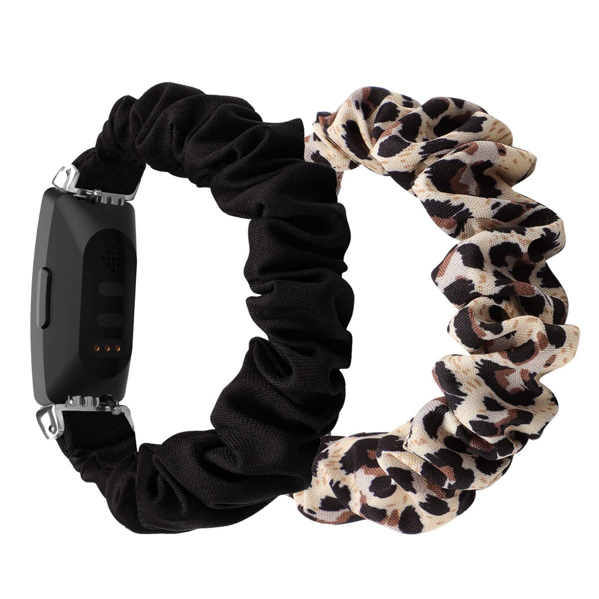 (2-Pack) Chofit Strap Compatible with Fitbit Inspire 2/Inspire HR/Inspire Straps, Replacement Scrunchies Arm Band Chiffon Satin Wristband for Women for Inspire 2 Fitness Tracker (Large, Black+Leopard)