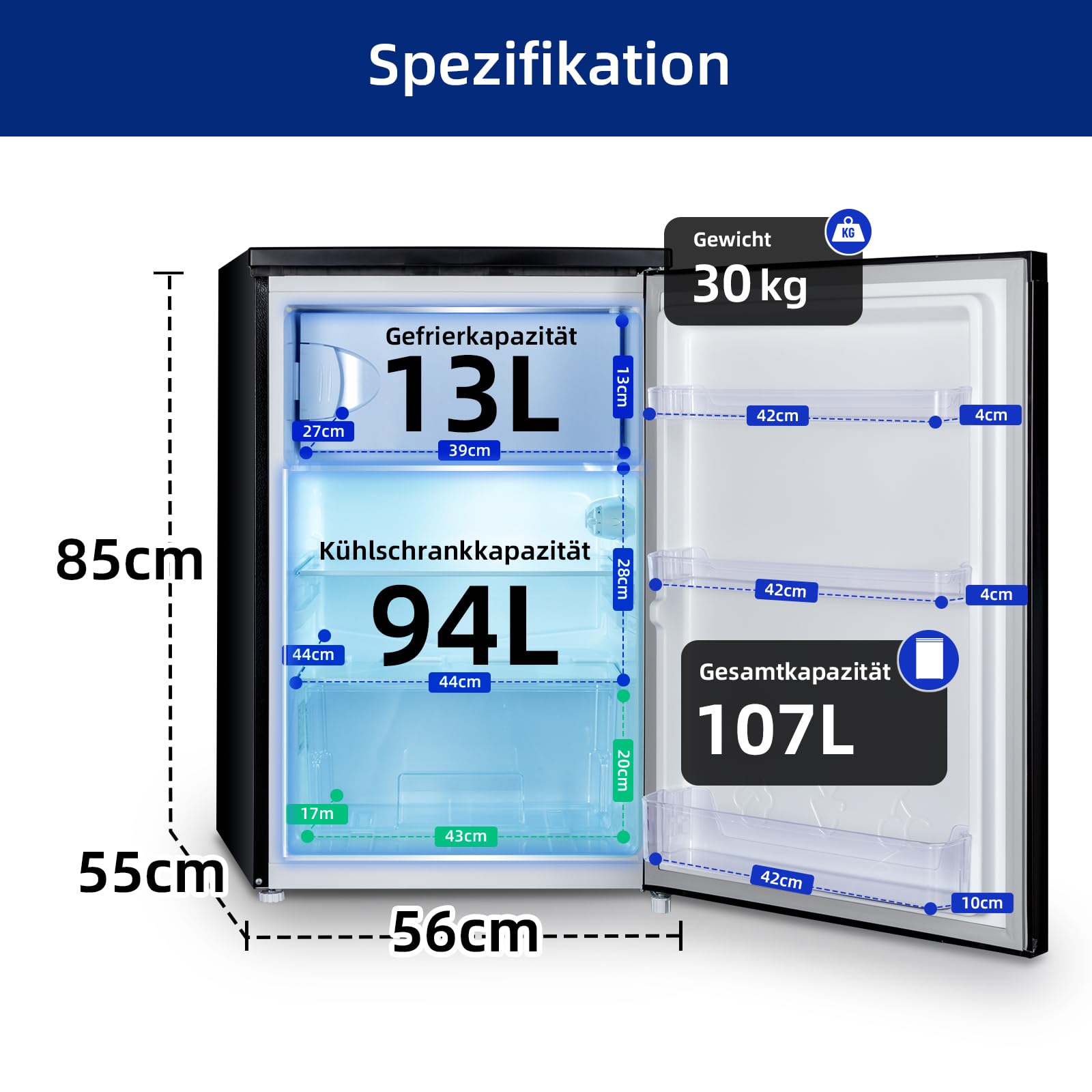 CHIQ kühlschrank mit gefrierfach 107 Liter, mit 13L Gefrierfach｜EEK C, 87 kWh/Jahr | 4-Sterne-Gefrieren, -24 °C bis -16 °C| geräuscharm, Schwarz, CTT107BC 3