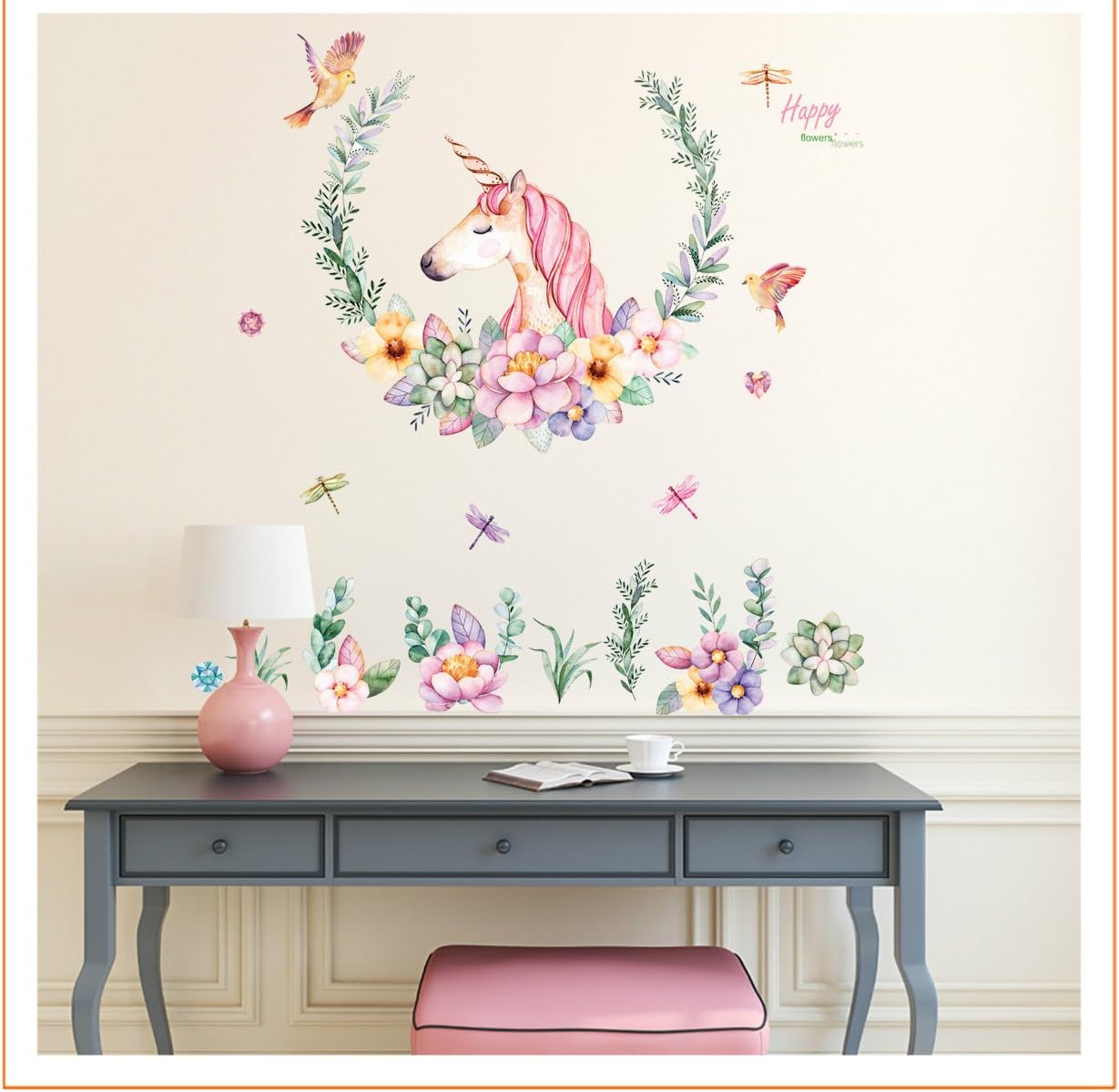 Cute Pink Lovely Unicorn with Flower Wall Sticker for Room Decor - Image 3