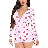 TOISHOLI Women V Neck Shorts Jumpsuit Butt Flap Bodycon Romper Overall Sleepwear Printed Pajama Long Sleeve Bodysuit