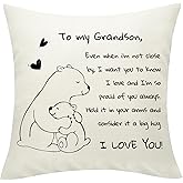 Sunia Grandson Gifts Decorative Linen Cushion Cover from Grandma Grandpa Nana, Funny Embrace Bear Throw Pillow Cover Pillowcase 18x18 Inch, I Love You - Reminder Gift for Men Teens Boys