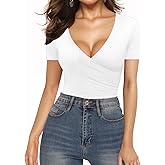 MANGOPOP Women's Cross Wrap Ruched Plunge Sexy Deep V Neck Slim Fit Short Sleeve T Shirt Tunic Tops Tee