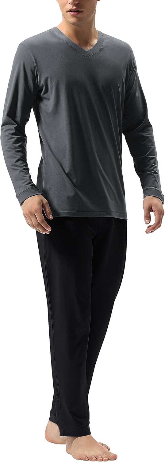 DAVID ARCHY Men's Cotton Sleepwear Tall PJs V-Neck Lounge Wear Top and Bottom Long Pajamas Set: Clothing