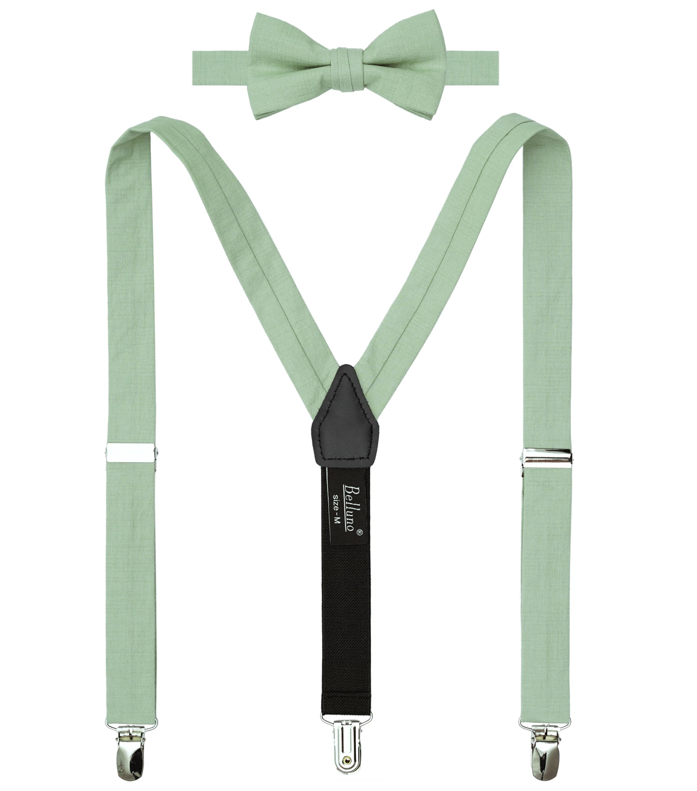 Photo 1 of BELLUNO Dusty Sage Pre-tied Bow Tie and Suspenders Set, Cotton and Linen
