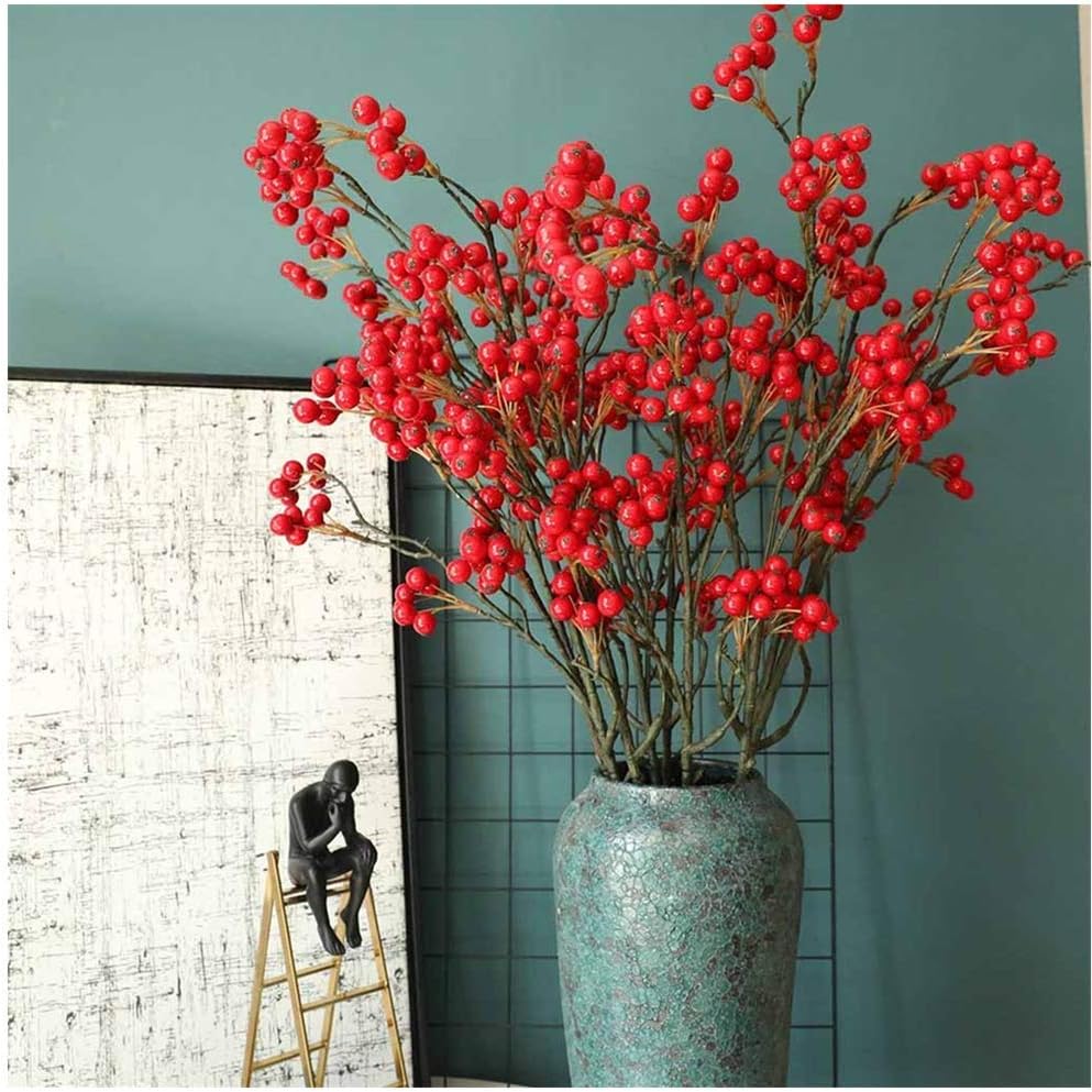 Artificial Red Berries Stems Fake Artificial Plant Artificial Berries Branches for Easter Wreath Holiday Decor, Christmas Wreath Home Decor Berries Bouquet Floral Garden Home Decorations