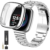 ZPJPPLX for Fitbit Versa 4/Sense 2 Solid Stainless Steel Wrist Band with Watch Case,for Versa 3/Sense Metal Replacement Straps and Screen Protection Case for Women Men