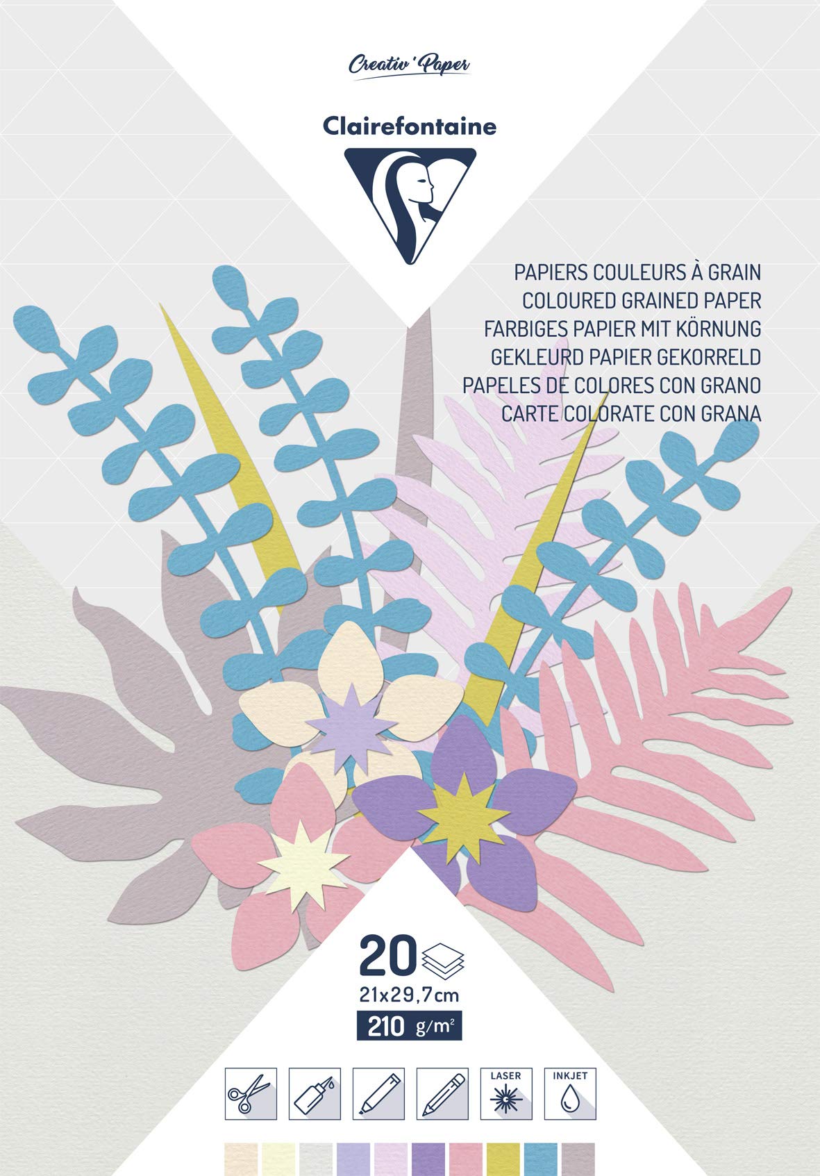 Clairefontaine 97145C Pad of 20 Sheets of Coloured Grain Paper A4 Format 21x29,7cm 210g/m² Cardstock Crafting Drawing Creative Leisure 10 Ast Pastel Colours