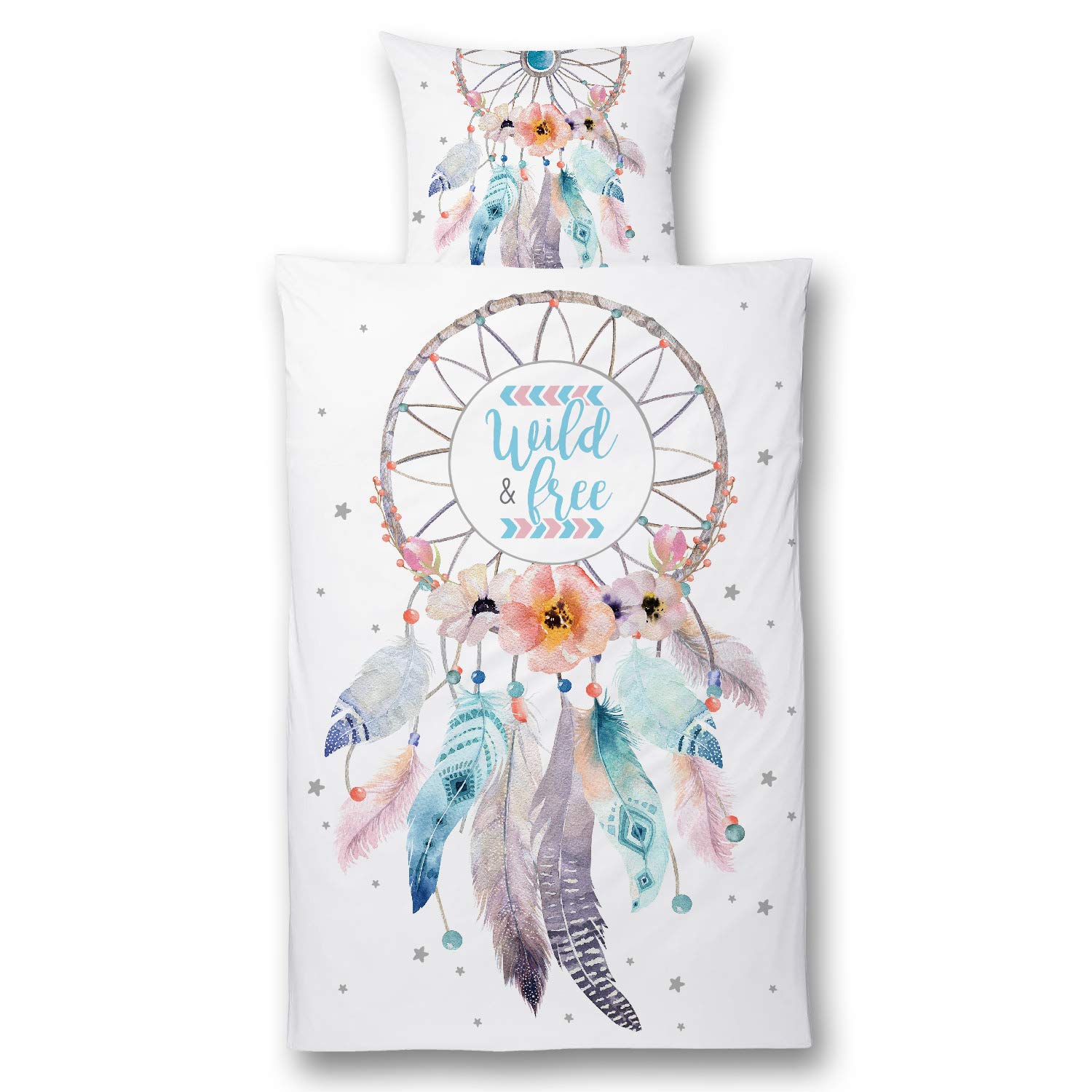 GRUSS & CO Die Geschenkewelt 45927 Bed Linen Set with Dreamcatcher Design Microfibre Cover 135 x 200 cm and Pillowcase 80 x 80 cm Pastel Colours